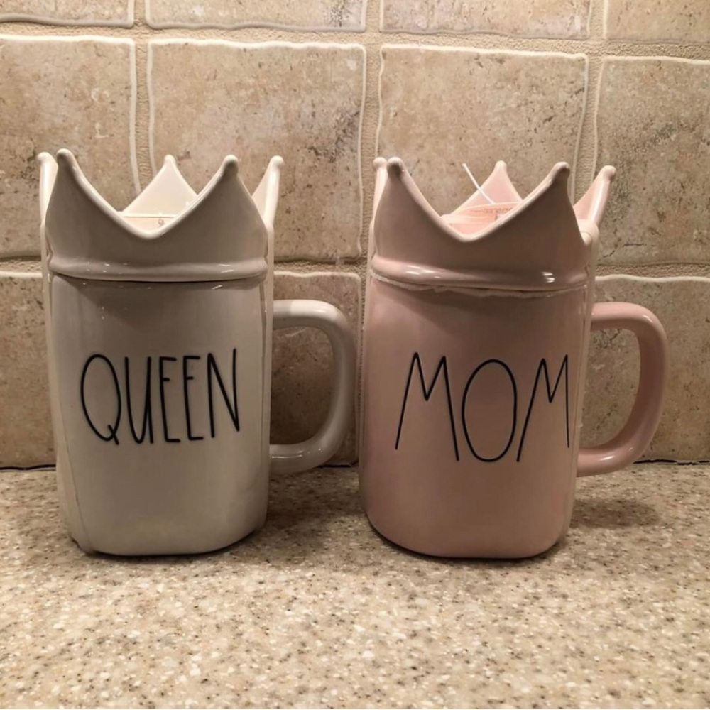 Rae Dunn mugs with toppers